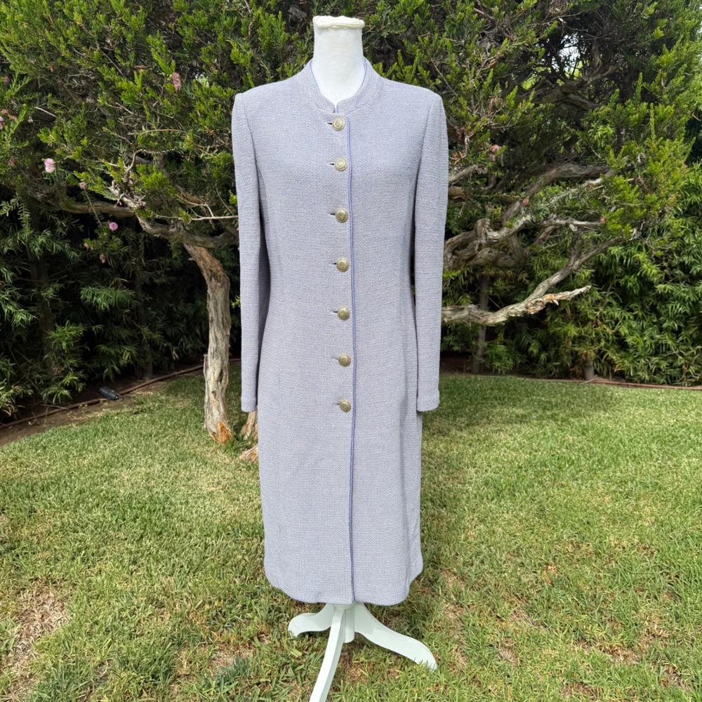 St. John Collection Periwinkle Violet Knit Long Coat Gold Buttons Size 6